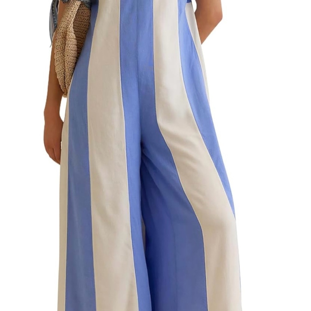 Striped Blue & White Wide-Leg Jumpsuit